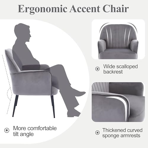 GDFStudio 25" Velvet Accent Chair with Arms and Back, Modern Shell-Shaped Upholstered Barrel Chairs, Small Comfy Reading Chair Lounge Chairs with Solid Legs for Living Room Bedroom Office Cafe, Grey - color: Grey