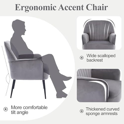 GDFStudio 25" Velvet Accent Chair with Arms and Back, Modern Shell-Shaped Upholstered Barrel Chairs, Small Comfy Reading Chair Lounge Chairs with Solid Legs for Living Room Bedroom Office Cafe, Grey - color: Grey