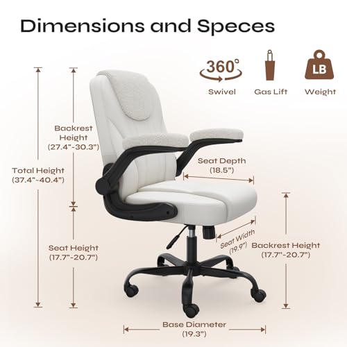 Comfortable Home Office Chair for Long Hours Sitting, Ergonomic Desk Chair with Teddy Fleece & PU Leather, Adjustable Swivel Computer Chair for Work from Home, Bedroom and Vanity Space, White - color: Two-tone Off White
