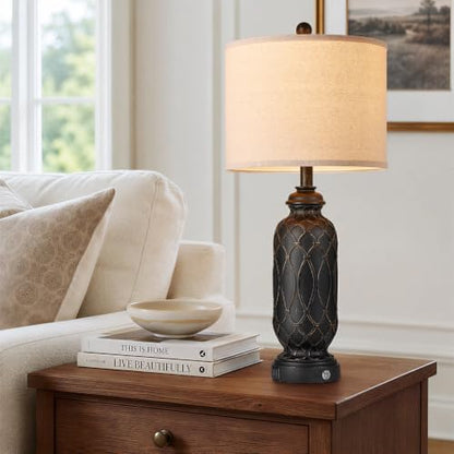 Black Farmhouse Lamps for Living Room Set of 2, 28" Bedroom Lamps Set of 2 with USB Ports, Dimmable Bedside Lamps Nightstand Lamps - color: 5.Black-Gold