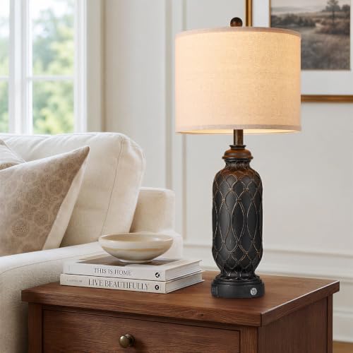 Black Farmhouse Lamps for Living Room Set of 2, 28" Bedroom Lamps Set of 2 with USB Ports, Dimmable Bedside Lamps Nightstand Lamps - color: 5.Black-Gold