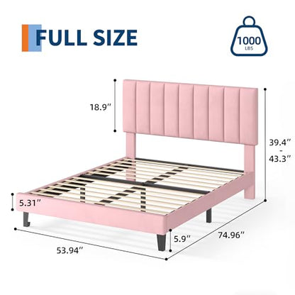 Garvee Full Size Platform Bed Frame with Upholstered Headboard, Pink | Fully Velvet Upholstered Mattress Foundation with Height Adjustable Headboard, No Box Spring Needed, Easy Assembly - color: Pink, size: Full