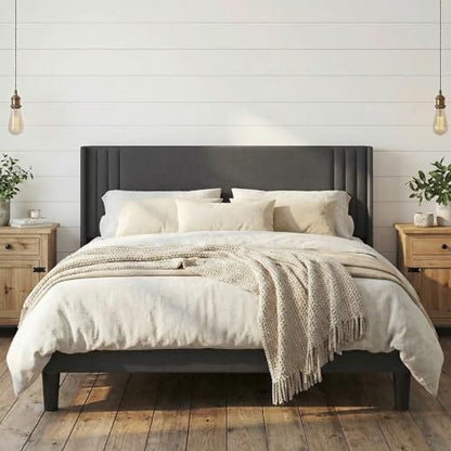 Gizoon Queen Bed Frame with Wingback Headboard, Upholstered Platform Bed | Bed Frame with Padded Headboard,Wooden Slats, Noise-Free, No Box Spring Needed, Easy Assembly,Dark Grey - color: Dark Grey, size: Queen