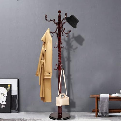 Coat Racks Free Standing with 14 Hooks, Natural Wood Coat Rack with Solid Round Base, Adjustable Height Coat Racks, Easy Assembly for Hallway, Bedroom and Office (Reddish brown) - color: Reddish brown