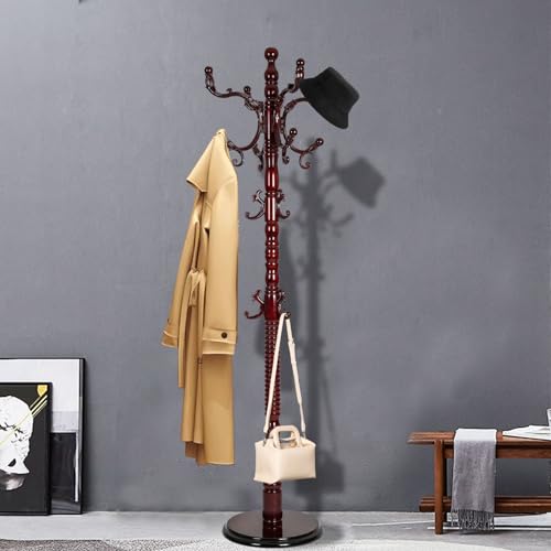 Coat Racks Free Standing with 14 Hooks, Natural Wood Coat Rack with Solid Round Base, Adjustable Height Coat Racks, Easy Assembly for Hallway, Bedroom and Office (Reddish brown) - color: Reddish brown