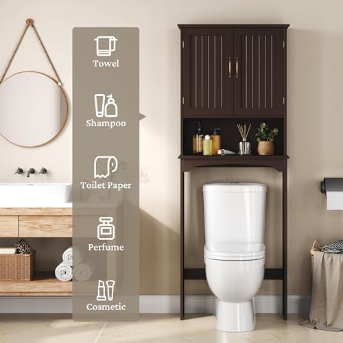 Yaheetech Over The Toilet Storage with 2 Doors & Adjustable Shelf, Free Standing Toilet Rack Wooden Space-saving Collect Cabinet, Bathroom Furniture, 9Dx24.5Wx66H Inches, Espresso | Doors Hide Clutter, Open Cubby Keeps Essentials Handy, Slim 9-Inch Depth
