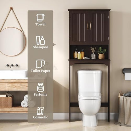 Yaheetech Over The Toilet Storage with 2 Doors & Adjustable Shelf, Free Standing Toilet Rack Wooden Space-saving Collect Cabinet, Bathroom Furniture, 9Dx24.5Wx66H Inches, Espresso | Doors Hide Clutter, Open Cubby Keeps Essentials Handy, Slim 9-Inch Depth