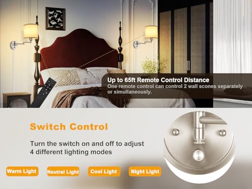 Plug in Wall Sconces with Remote Control, Dimming & Adjustable Colors 2700K-6500K, Hardwire or Plug-in, Swing Arm Wall Lamp with Linen Fabric Shade, Wall Sconces Set of Two, Brushed Nickel Finish - color: Brushed Nickel & Linen