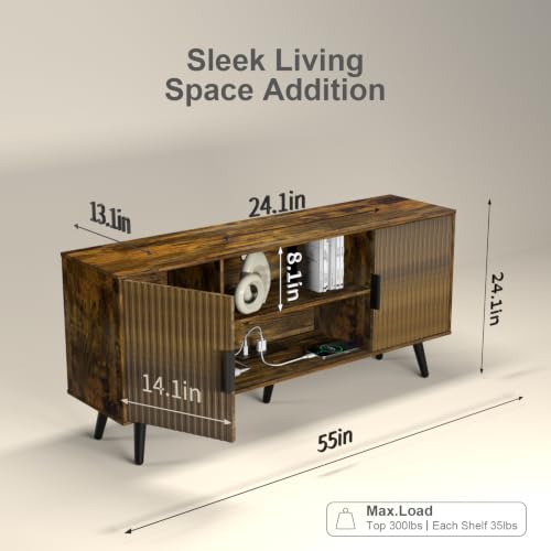 Lightdot 55" Amber Small TV Stand for TVs Up to 65" with Power Outlet | Mid-Century Modern Media Console with Fluted Side Cabinets & 2 Storage Shelves for Living Room Bedroom Entrance - color: Amber/55"