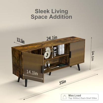 Lightdot 55" Amber Small TV Stand for TVs Up to 65" with Power Outlet | Mid-Century Modern Media Console with Fluted Side Cabinets & 2 Storage Shelves for Living Room Bedroom Entrance - color: Amber/55"