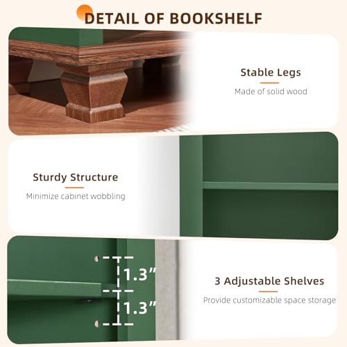 19.7" Wide Narrow Book Shelf, 5-tire Skinny Bookshelf with Adjustable Shelves & Solid Wood Legs, Farmhouse Freestanding Bookcase w/Storage, Tall Wood Book Case for Office,Living Room, Green - color: Green