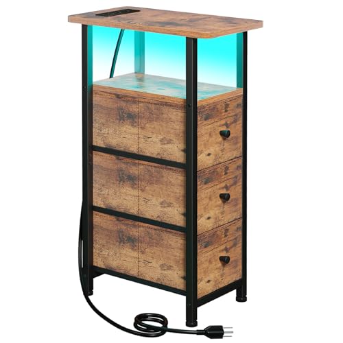 Narrow End Table with Charging Station, Small Nightstand | Skinny Side Tables Living Room with 3 Fabric Drawers, Slim Bedside Table with LED Lights for Bedroom, Small Spaces, Brown - color: Rustic Brown, size: 27.55''H (3 Drawers), style: Power + Light