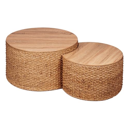 Round Nesting Coffee Table Set of 2 with Storage - Handwoven Wicker Rattan Ottoman Style, Boho Coastal Coffee Tables for Living Room, Rattan Coffee Table with Cover & Soild Wood Frame - color: Natural (Under Warm Light)