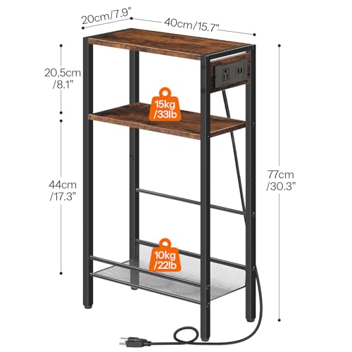 HOOBRO 15.7" Narrow Console Table with Charging Station, 3 Tier Entryway Table for Small Space, Behind Couch Table, Sofa Table, for Entryway, Hallway, Living Room, Rustic Brown and Black BF42UXG01 - color: Rustic Brown + Black
