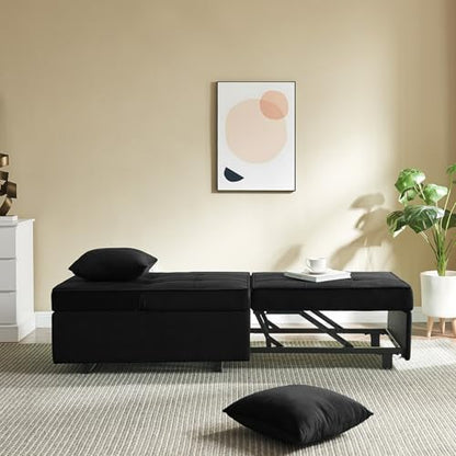 Convertible Sofa Bed 4-in-1 Pull Out Couch, Ottoman Bed Sleeper, Black | Velvet Love seat Couch Sleeper Chair Bed with USB Ports, 5 Adjustable Backrest and Pillow for Living Room Apartment Office - color: Black