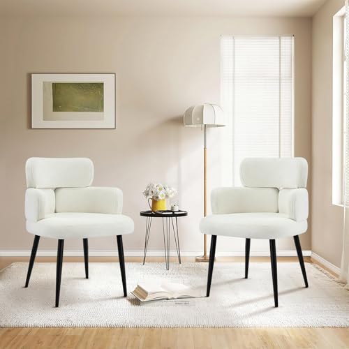 Accent Dining Chair with Arms,Set of 2 Modern Upholstered Side Chair with Soft Fabric Black Metal Legs, Comfy Spacious Seat & Back for Dining Room/Living Room/Bedroom, Beige - color: Beige, size: Set of 2