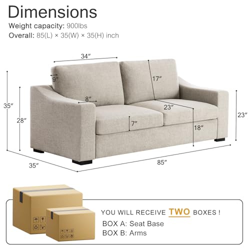 Oversized 85" Deep Seat Sofa, Modern Couches for Living Room, 3 Seater Natural Linen Sofa, Upholstered Cushion & Detachable Cover, Comfy Sofa Couch for Apartment, Oatmeal - color: Oatmeal, size: 85 Inch - Deep Couch