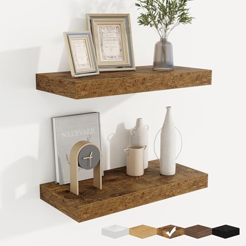 fuqing Floating Shelves for Wall, Wall Mounted Wood Floating Shelf with Invisible Brackets for Living Room, Bathroom, Bedroom, Kitchen Storage and Decor, 16 Inch Set of 2, Rustic Brown - color: Rustic Brown, size: 16"W x 6.5"D , 2 Pack