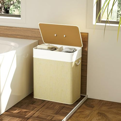 HOMCOM Double Laundry Basket with Lid 26.4 Gallon Bamboo Hamper Natural | Rope Handles, Clothes Hamper, Removable Liner, Bathroom, Bedroom - color: Natural