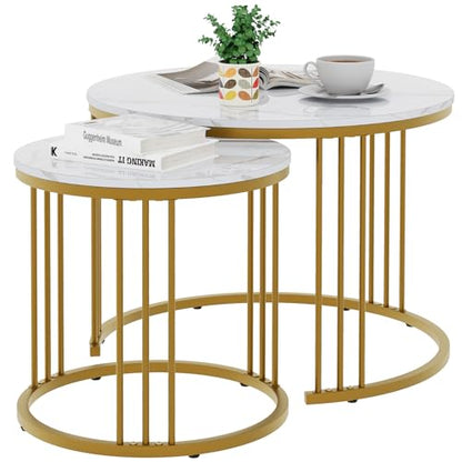 Coffee Table Faux Marble Nesting Table for Small Place 2 Sets Modern Furniture Living Room Sets End Side Table Night Stand for Bed Room Dining Room (White & Gold) - color: Gold