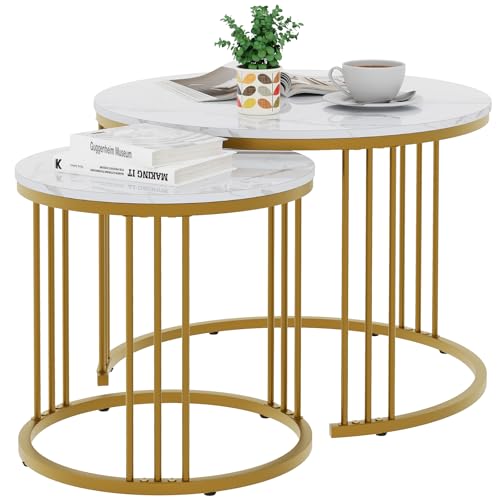 Coffee Table Faux Marble Nesting Table for Small Place 2 Sets Modern Furniture Living Room Sets End Side Table Night Stand for Bed Room Dining Room (White & Gold) - color: Gold