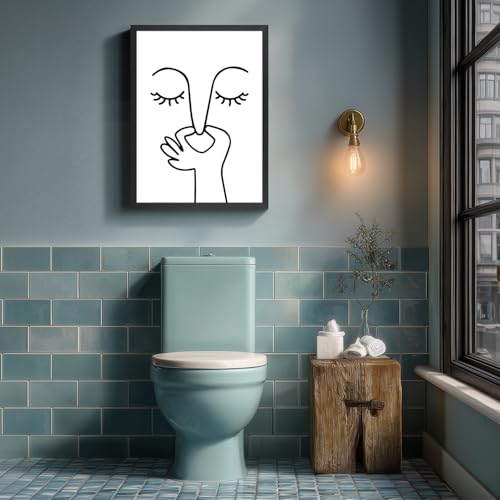 IAFWZX Wood Framed Funny Pinching Nose Bathroom Wall Art 16x24 in | Funny Black White Bathroom Wall Decor, Minimalist Face Line Art Print, Humorous Modern Decor for Restroom and Guest Bedroom - color: ManPinchingNose(Wood), size: 24"L x 16"W