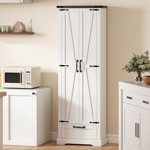 HOMCOM 71" Tall Kitchen Pantry Storage Cabinet Barn Doors Drawer White | Farmhouse, Adjustable Shelves, Freestanding Food Pantry Cabinet, for Kitchen, Dining Room - color: White