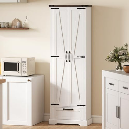 HOMCOM 71" Tall Kitchen Pantry Storage Cabinet Barn Doors Drawer White | Farmhouse, Adjustable Shelves, Freestanding Food Pantry Cabinet, for Kitchen, Dining Room - color: White