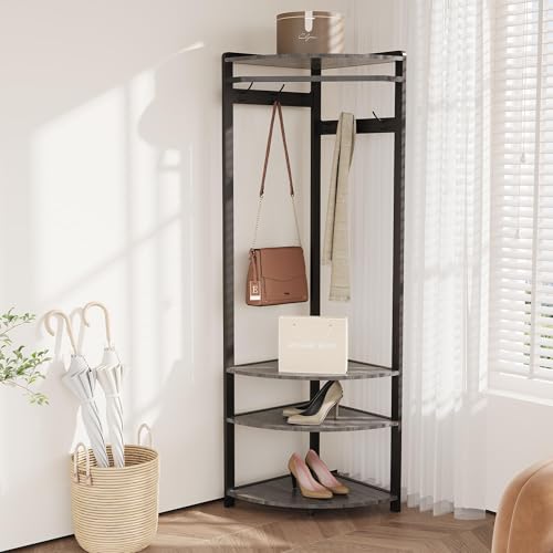 Corner Hall Tree with Shoe Bench & 6 Double Hooks, Space-Saving Entryway Corner Coat Rack with Storage Organizer & Shelf, Multi-Functional Hallway Storage Tree for Entryway, Hallway, Rustic Grey
