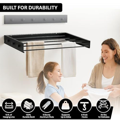 Wall Mounted Drying Racks for Laundry (31.5 Inches Wide) – Retractable Clothes Drying Rack wall Mounted with Carbon Steel Panel 6 Knobs & 5 Aluminium rods, Wall Drying Rack with Screws (Black) - color: Black