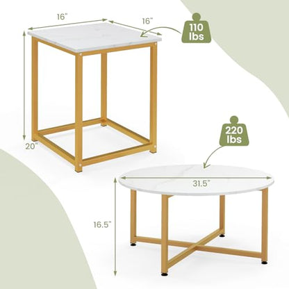 COSTWAY Coffee Table Set of 3, Round Faux Marble Coffee Table and 2 Square End Side Tables with Metal Frame, Modern 3-Piece Living Room Tables Set for Small Space, Apartment (White & Gold) - color: White & Gold