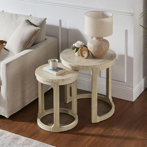 Round Nesting Coffee Table Set of 3, Mid Century Rustic Farmhouse Solid Wood Coffee Tables Center Table for Living Room Apartment, ø40 + ø24 + ø17.56 (Oak) - color: 40"+24"+17.56" Oak