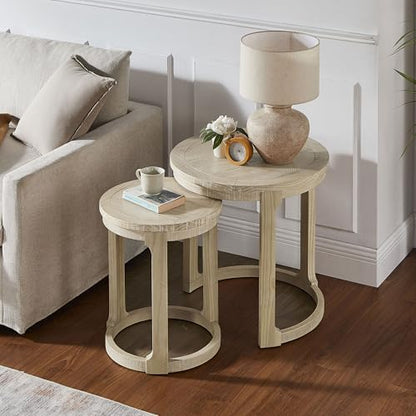 Round Nesting Coffee Table Set of 3, Mid Century Rustic Farmhouse Solid Wood Coffee Tables Center Table for Living Room Apartment, ø40 + ø24 + ø17.56 (Oak) - color: 40"+24"+17.56" Oak
