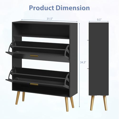 Shoe Cabinet with 2 Flip Drawers, Open Storage Top & Gold Metal Legs, Black丨Hidden Shoe Organizer, Freestanding Narrow Shoe Storage Rack for Entryway, Hallway, Entrance - color: 1pc-black, size: 2 Flip Drawers With Shelf