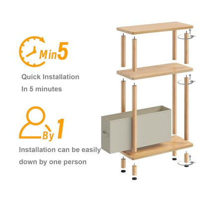 Apicizon Narrow Side Table with Fabric Basket, 3-Tier End Table, Natural | Sofa Side Table, Wood Storage Shelf, Slim Nightstand, Skinny Bedside Table for Narrow Spaces, Living Room, Bedroom - color: Natural, style: Narrow Side Table with Basket