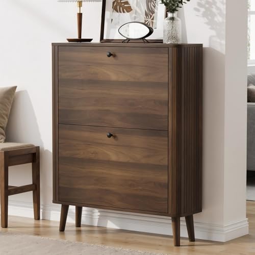 Shoe Storage Cabinet with 2 Flip Drawers, Slim Shoe Rack Cabinet with Curved Wooden Slats Side, Narrow Shoe Cabinet Storage for Entryway Entrance, Freestanding Shoe Organizer Cabinet (Walnut) - color: Walnut, size: Curved Slats Side - 31.5 inches