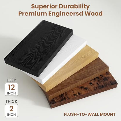 Vivelove Deep Floating Shelves 40x12” Set of 2, Rustic Brown | Easy Install With Hardware, 2" Thick, Invisible Brackets, Wall Mounted, No Sagging, For Any Room - color: Rustic Brown, size: 40”wx12”dx2”h