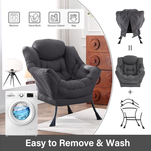 Lazy Chair, Comfy Reading Accent Chair for Bedroom, Darkgrey | Comfy Bedroom Accent Chair with Washable Removable Cover and extra throw pillowfor Living Room Dorm - color: Darkgrey-single
