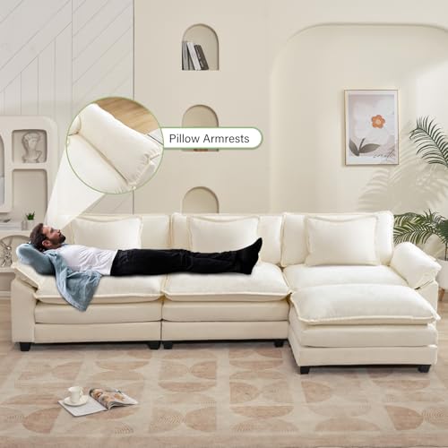 120" Modular Sectional Sofa, Comfy Deep Cloud Couch with Ottoman | L-Shaped Couches for Living Room, Modular Couch, Deep and Wide Seat, Chenille Sofa Sleeper with Throw Pillows, Beige White - color: Beige White, size: 120 Inch L