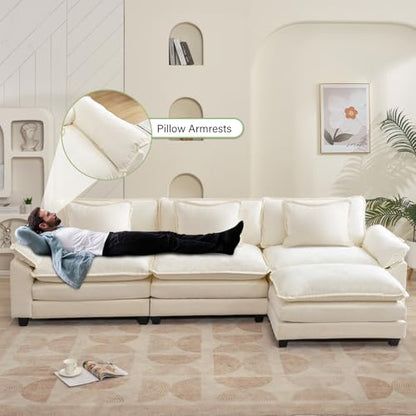 120" Modular Sectional Sofa, Comfy Deep Cloud Couch with Ottoman | L-Shaped Couches for Living Room, Modular Couch, Deep and Wide Seat, Chenille Sofa Sleeper with Throw Pillows, Beige White - color: Beige White, size: 120 Inch L