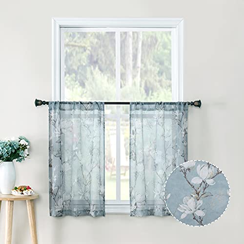 Tollpiz Floral Short Blue Sheer Tier Curtains Flower Print Vine Embroidery Kitchen Half Curtain Rod Pocket Café Voile Window Curtains for Bathroom, 30 x 24 inches Long, Set of 2 Panels - color: Blue, size: 30"W x 24"L (Pack of 2)