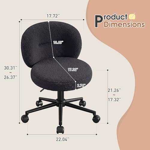 Homkdom Round Vanity Chair with Silent Wheels, 17.32" Wide Seat | Height Adjustable, 360 Swivel & Smooth Rolling, Armless Design for Makeup and Study - Black - color: Black