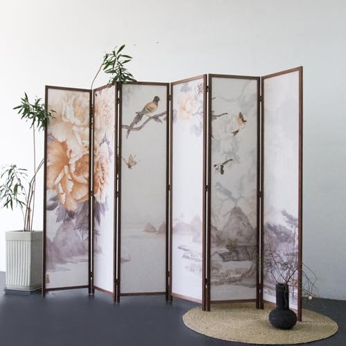 6 Panel Room Divider for Room Separation, 5.6 ft Tall Double Sided Blackout Folding Privacy Screen for Home Office - Freestanding Partition with Peony Floral Artwork (67" H x 94.5" W) - color: Peony Floral, size: 6 Panel