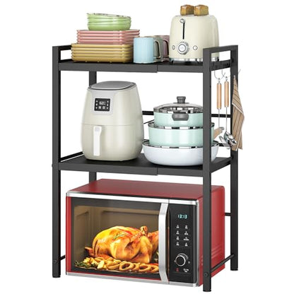 DOLALIKE Microwave Oven Rack, Expandable Microwave Stand Countertop Kitchen Utensils Tableware Storage, Carbon Steel Over Microwave Shelf Countertop with 3 Hooks | Adjustable Microwave Oven Rack Metal Storage Shelf with 3 Hooks for Pans Small Appliances K