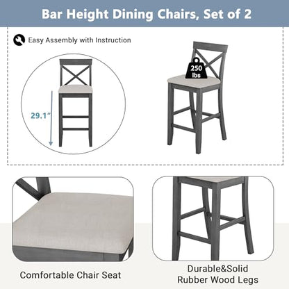 3 Piece Counter Height Dining Table Bar Table Set with 2 Chairs, Small Kitchen Table Breakfast Nook for 2, Good for Bar or Small Space, Gray - color: Grey