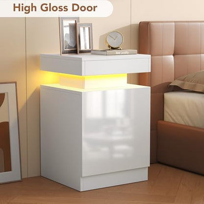 Nightstands Set 2, 15 Inches LED Night Stand Set of 2, Modern Bedside Table with LED Lights, High Gloss Surface, End Table with Storage for Bedroom, White - color: White-15"