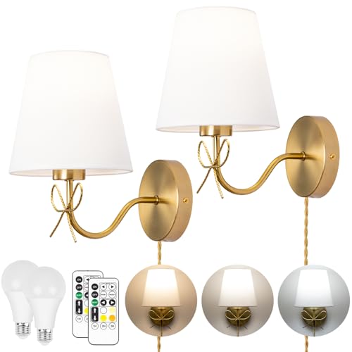 TREELAND Antique Brass Wall Sconces, Vintage Gold Wall Lamp Set of 2 | Dimmable Remote Control Bulb with 3 Color Temperature & Timer, Hardwire or Plug-in Wall Light for Bedroom Living Room