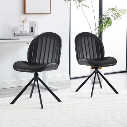 PU Leather Swivel Office Chair No Wheels, Small Comfy Mid Century Armless Desk Chair, Cute Swivel Vanity Chairs No Wheels for Small Spaces, Bedroom,Living Room,Home Office, Black - color: Black-pu
