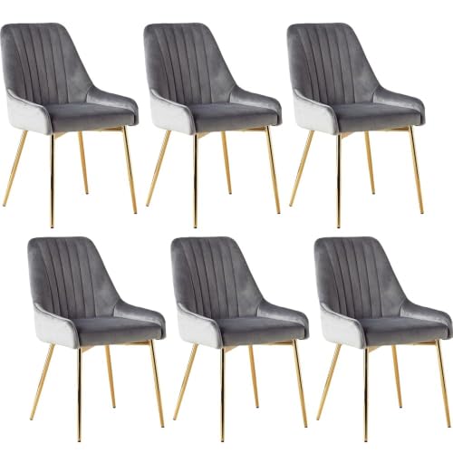 Grey Velvet Dining Chairs Set of 6, Modern Kitchen and Vanity Chairs | Modern upholstered vanity chairs with gold metal legs, stain-resistant hand-quilted fabric, high-density foam cushion seat - color: Grey, size: Set of 6