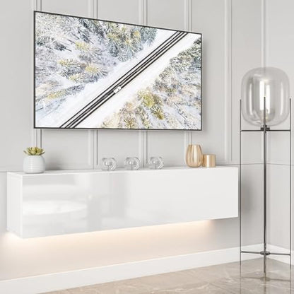 Floating TV Stand with LED for 60 65 70in TV, Glossy Wall Mounted Modern Entertainment Center with Storage, White - size: 63"W x 12"D x 13.5"H